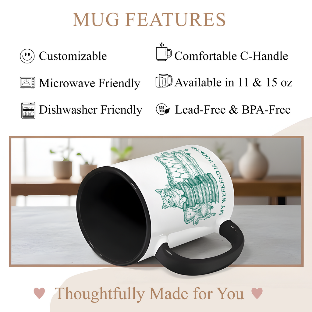 My Weekend Is Booked Mug – Cat Reading Coffee Cup – Book Lover Gift – Funny Introvert Mug – 11oz 15oz Ringer Mug |Mug 134